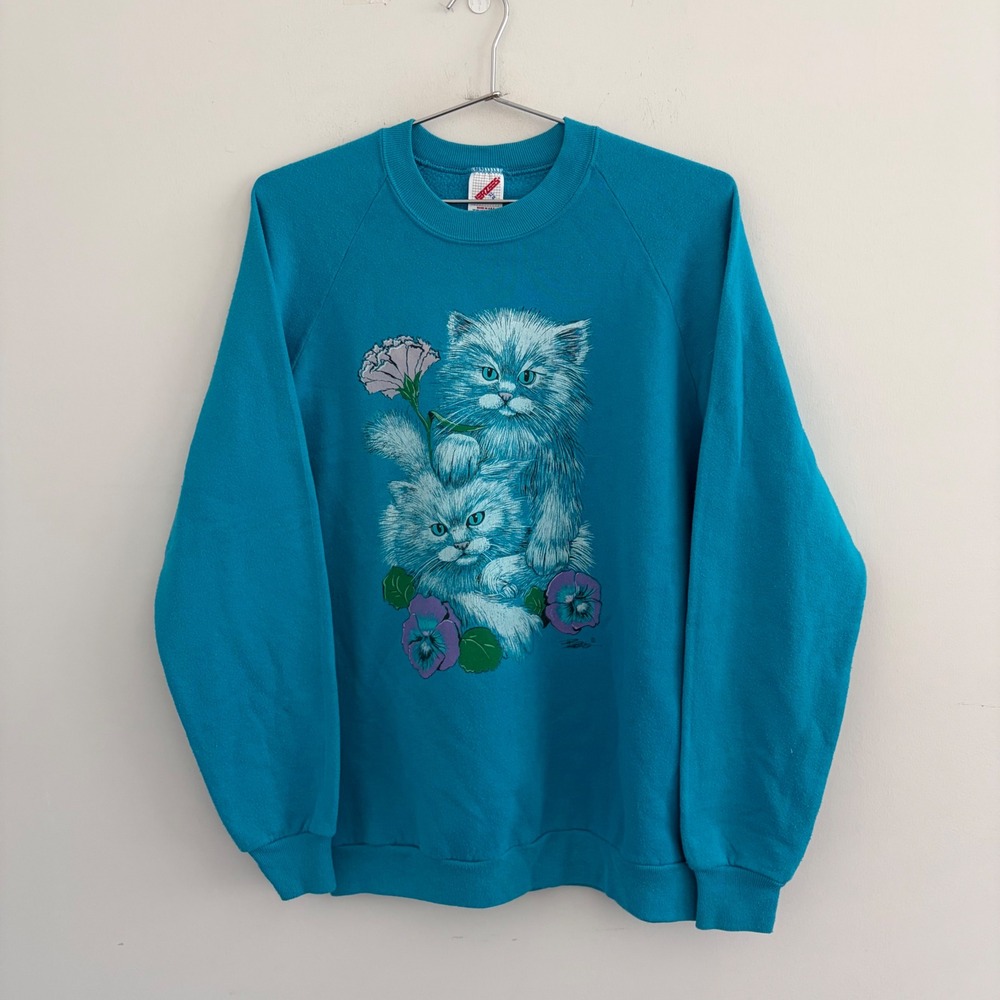 Vintage Jerzees Cat Sweatshirt Teal Blue Kittens XL Made in USA 90s Raglan